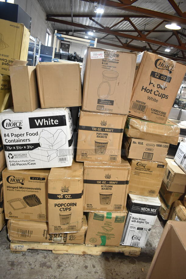 PALLET LOT of 25 BRAND NEW Boxes Including 795PTOWHT4 Choice 7 7/8 x 5 1/2" x 3 1/2" White Microwavable Folded Paper #4 Take-Out Container - 160/Case, 500RO883 Choice 8" x 8" x 3" Microwaveable 1-Compartment Black / Clear Plastic Hinged Container - 100/Case, 760VB46 Carnival King 46 oz. Popcorn Cup - 500/Case, CH32DEF Dart ClearPac SafeSeal Tamper Resistant Tamper Evident Hinged Container, 2 Box 760VP130KR Carnival King Kraft Popcorn Bucket, 128HD32COMBO ChoiceHD 32 oz. Microwavable Translucent Plastic Deli Container and Lid Combo Pack - 240/Case, 50012W Choice White Poly Paper Hot Cup, 10JL Dart White Vented Lid, 500TW12 Choice Translucent Thin Wall Plastic Cold Cup, 966TALLFLDB Choice White Tall-Fold 6" x 13" Dispenser Napkin - 8000/Case, 129MCS38B Choice Black Rectangular Microwavable Heavy Weight Container. 25 Times Your Bid!
