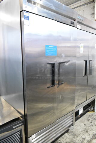 2021 True T-35-HC Stainless Steel Commercial 2 Door Reach In Cooler w/ Poly Coated Racks on Commercial Casters. 115 Volts, 1 Phase. Tested and Working!