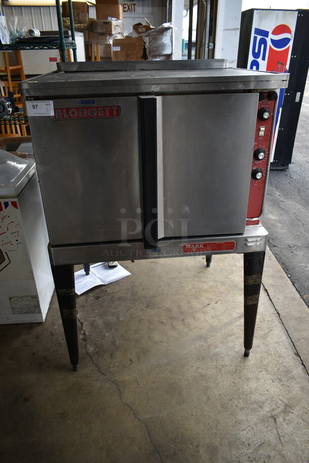 Blodgett Mark V Stainless Steel Commercial Electric Powered Full Size Convection Oven w/ Solid Doors, Metal Oven Racks and Thermostatic Controls on Metal Legs. 208-240 Volts, 1/3 Phase. 