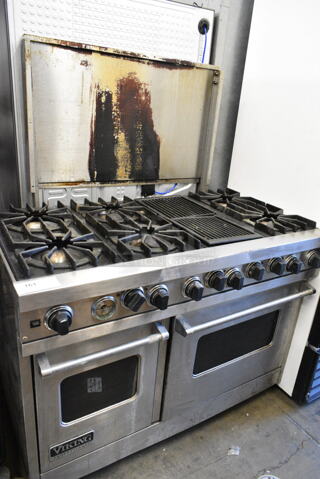 Viking Stainless Steel Natural Gas Powered 6 Burner Range w/ Charbroiler and 2 Ovens. 