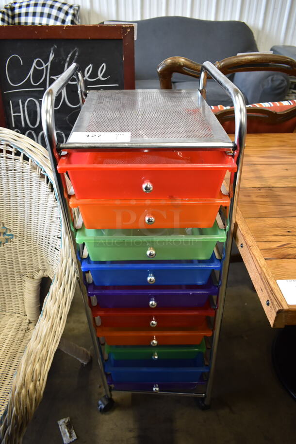 Metal Cart w/ 10 Colorful Bins on Commercial Casters.