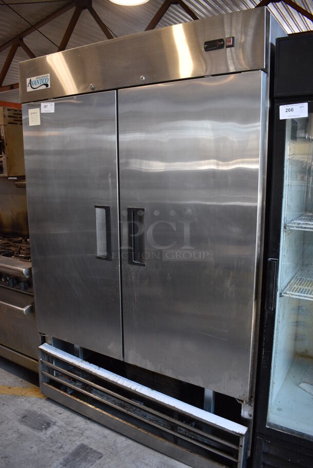 Avantco Model 178A49RHC Stainless Steel Commercial 2 Door Reach In Cooler w/ Poly Coated Racks on Commercial Casters. 115 Volts, 1 Phase. 54x32.5x82.5. Tested and Powers On But Does Not Get Cold