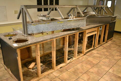 Buffet Station w/ 2 Steam Table Inserts and Sneeze Guard. BUYER MUST REMOVE: Bring Tools and Manpower Needed To Remove This Item. (main dining room)