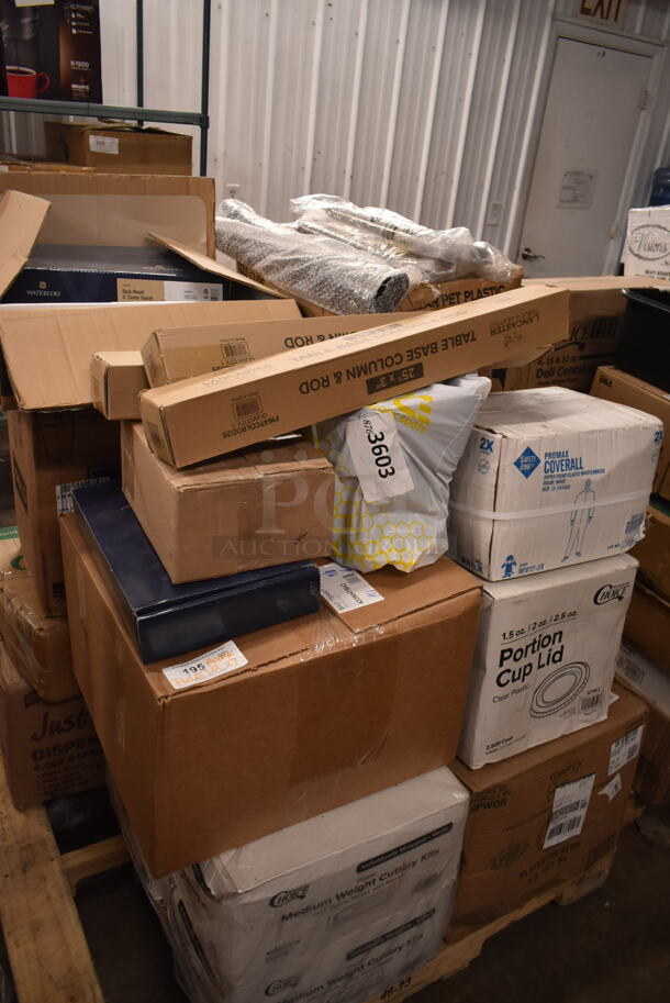 PALLET LOT of 27 BRAND NEW Boxes Including 3 Box Lancaster Table 164TCOLROD25 Lancaster Table & Seating 25 3/16" Standard Height Table Base Column and Rod, Waterloo 8" Center Faucet, 433NHTBIO EcoChoice 1/6 Standard Size Biodegradable Standard-Duty Plastic T-Shirt Bag - 500/Case, 2 Box Choice Medium Weight Cutlery Kits, 127PL2 Choice PET Plastic Lid for 1.5 to 2.5 oz. Souffle Cup / Portion Cup - 2500/Case, M1017-2X Malt Impact ProMax M1017-2XL White Microporous Zipper Front Long Sleeve Coveralls with Elastic Wrists and Ankles - 2XL, 3511470672 Cooking Performance Group 3511470672 U Type Burner Assembly CBL / CBL Countertop Charbroilers and G / GT Countertop Griddles, 129MCS28B Choice Black Rectangular Heavy Weight Container, 2 Box 130HSBK1M Visions Black Heavy Weight Plastic Teaspoon - Case of 1000, 500CC9 Choice 9 oz. Clear PET Customizable Plastic Squat Cold Cup - 1000/Case, 750DI1145SD 10" x 14" x 5" 18 Gauge Stainless Steel One Compartment Drop-In Sink. 27 Times Your Bid!