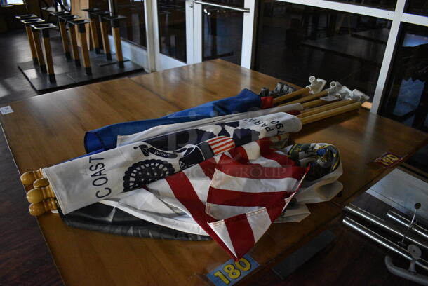 8 Various Flags Including Armed Forces Flags. Includes 59". 8 Times Your Bid! (lounge)