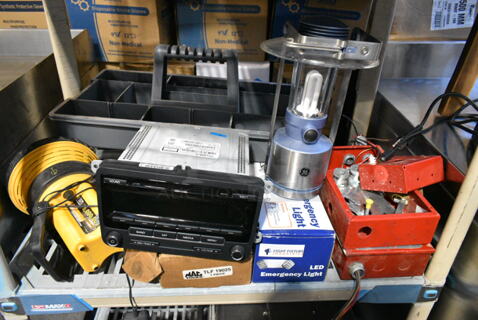 ALL ONE MONEY! Lot of 7 Various Items Including GE Lantern, ProTex II Fire Suppression System Box, LED Emergency Light, Light. 