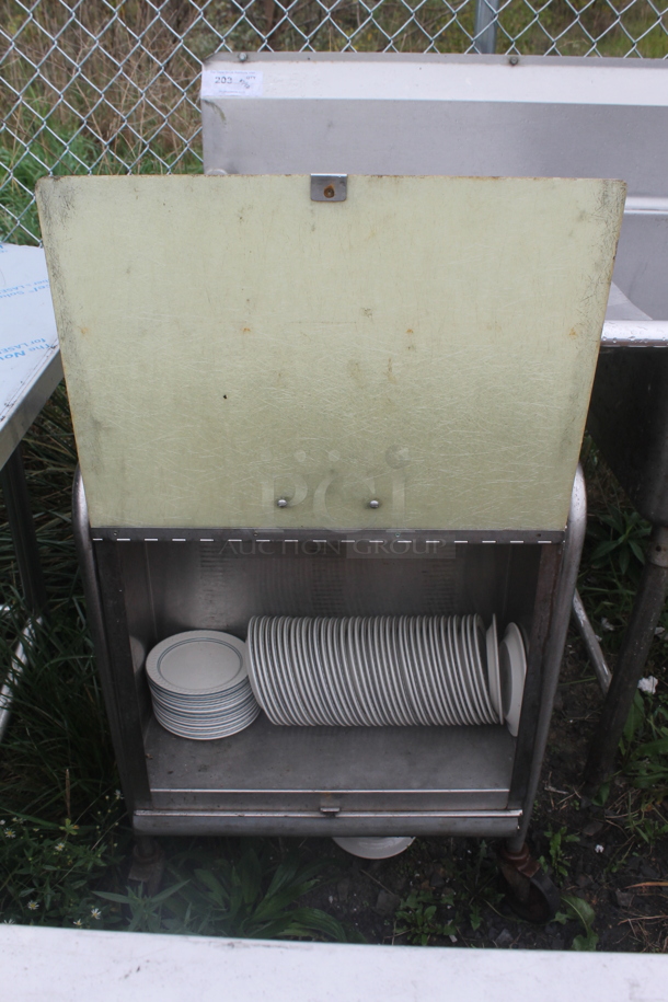 Stainless Steel Dish Cart w/ Plates on Commercial Casters.