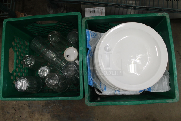 ALL ONE MONEY! Lot of 2 Boxes of Various Items Including White Plates and Beverage Glasses
