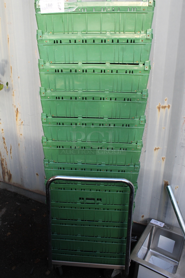 Metal Dish Caddy Cart on Commercial Casters w/ 12 Green Poly Dish Caddies and Glasses.
