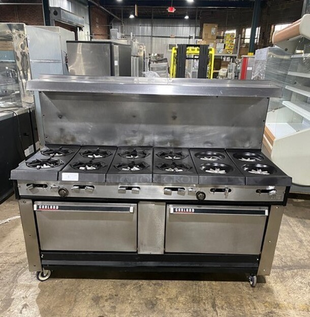 Garland Commercial Natural Gas Powered 12 Burner Stove! With 2 Full-Sized Ovens! With Metal Oven Racks! With Raised Back Splash & Salamander Shelf! Stainless Steel! On Casters! - Item #1115805