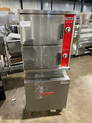 Vulcan Commercial Electric Powered Dual Cabinet Steamer! All Stainless Steel! On Legs! Model: VSX24E SN: 271095042! 208V 50/60HZ 1 Phase!