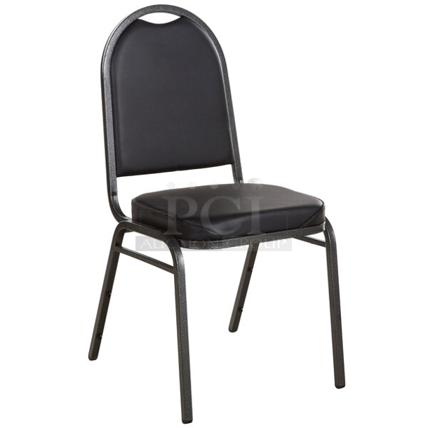 BRND NEW SCRATCH & DENT! Lancaster Table & Seating 164CBNQ2BKSL Black Stackable Banquet Chair with 2" Padded Seat and Silver Vein Frame. Chairs were stored in hot weather. Plastic Covering melted to seat of chairs on top of each stack (5) in total. Remaining 20 Look GREAT! 17 1/4 x 21 1/8 x 34 3/4. 25x Your Bid. 