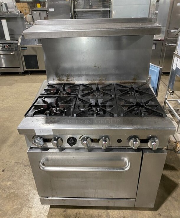 Stainless Steel Commercial Gas Powered 6 Burner Range w/ Oven, Over Shelf and Back Splash on Commercial Casters! - Item #1117084