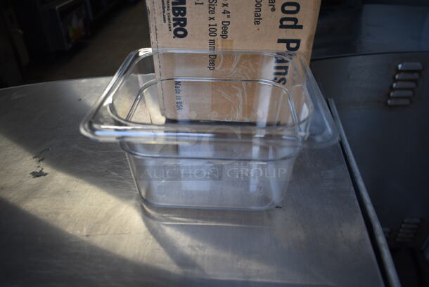 Box of 6 BRAND NEW Cambro Clear Poly 1/6 Size Drop In Bins. 1/6x4