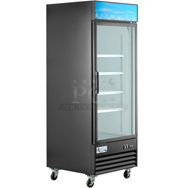 BRAND NEW SCRATCH AND DENT! 2023 Avantco 178GDC24FHCB Metal Commercial Single Door Reach In Cooler Merchandiser w/ Poly Coated Racks on Commercial Casters. 115 Volts, 1 Phase. Tested and Working!