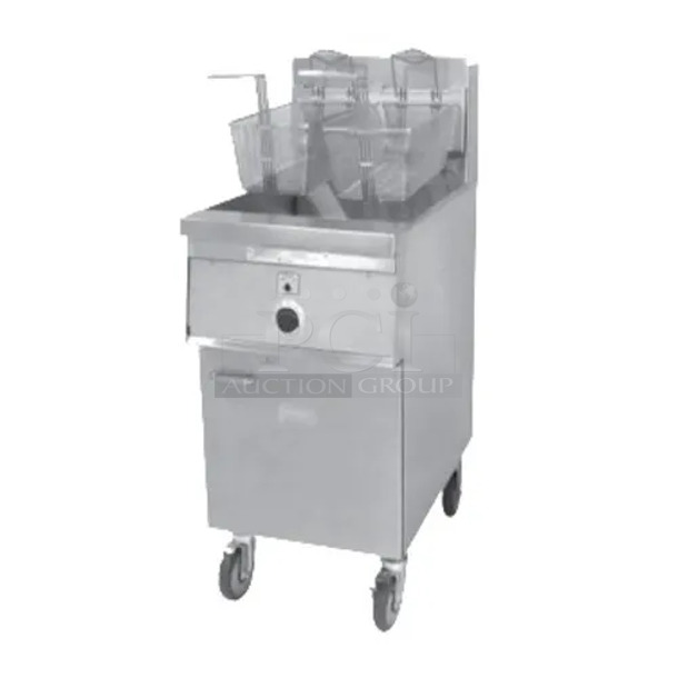 BRAND NEW SCRATCH AND DENT! Keating 18AA Stainless Steel Commercial Natural Gas Powered Floor Style Instant Recovery Fryer w/ 2 Metal Fry Baskets. 134,000 BTU. 