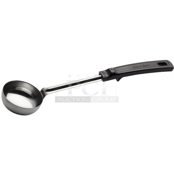 Box of 8 BRAND NEW! Vollrath 61167 3 oz. Black Solid Round Stainless Steel Spoodle® Portion Spoon with Grip 'N Serve® Handle