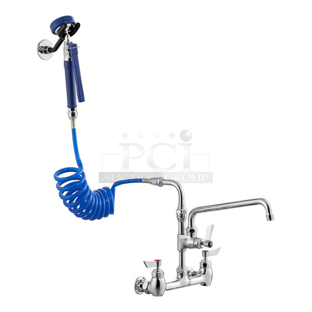 3 BRAND NEW SCRATCH AND DENT! Waterloo 750FWU812 2.6 GPM Wall-Mounted Pet Grooming / Utility Faucet with 8" Centers, 9' Coiled Hose, and 12" Add-On Faucet. 3 Times Your Bid!