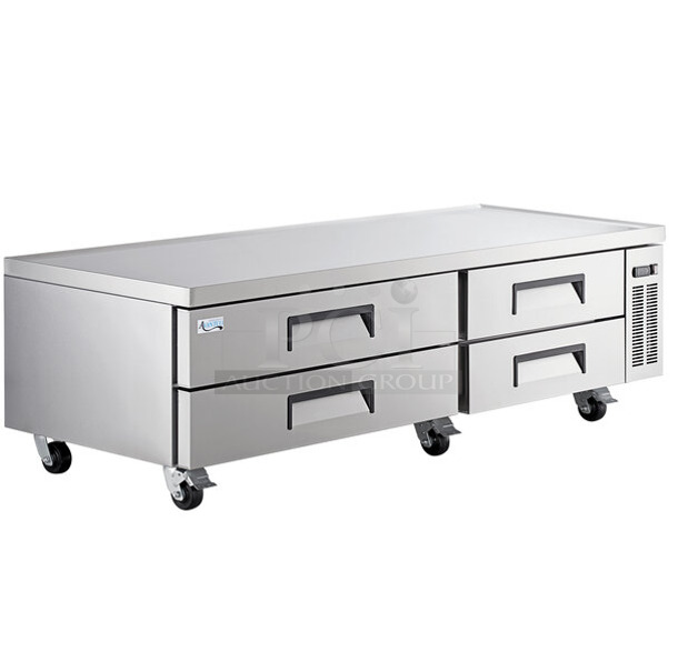 BRAND NEW SCRATCH AND DENT! 2023 Avantco 178CBE84HC Stainless Steel Commercial 4 Drawer Refrigerated Chef Base on Commercial Casters. 115 Volts, 1 Phase. Tested and Working!