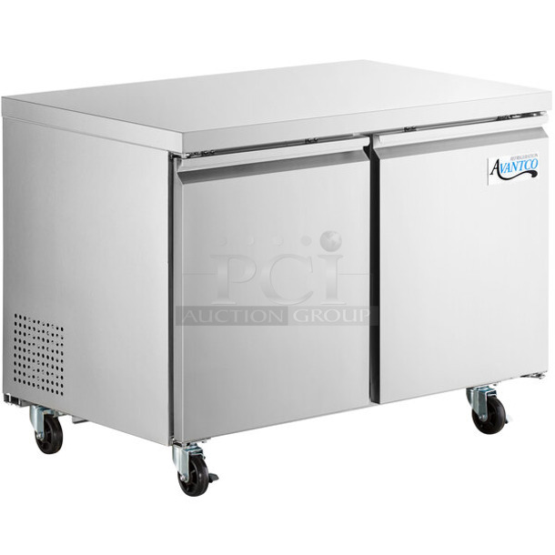 BRAND NEW SCRATCH AND DENT! 2024 Avantco 178SSUC48FHC Stainless Steel Commercial 2 Door Undercounter Freezer on Commercial Casters. 115 Volts, 1 Phase. Tested and Working!