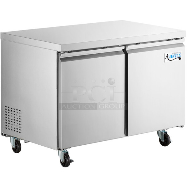 BRAND NEW SCRATCH AND DENT! 2024 Avantco 178SSUC48FHC Stainless Steel Commercial 2 Door Undercounter Freezer on Commercial Casters. 115 Volts, 1 Phase. - Item #1128079