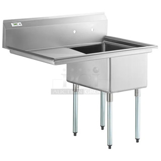 BRAND NEW SCRATCH AND DENT! Regency 600S1172324L 44" 16 Gauge Stainless Steel One Compartment Commercial Sink with Galvanized Steel Legs and 1 Drainboard - 17" x 23" x 12" Bowl. No Legs. 