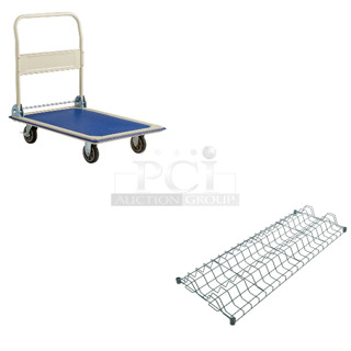 2 BRAND NEW SCRATCH AND DENT! Items Including 460eG2460DR3 Regency 24" x 60" Green Epoxy Wire Drying Rack Shelf - 3" Slots and 257SFPT600 Lavex 36" x 24" x 34 5/16" Steel Folding Platform Truck - 600 lb. Capacity. 2 Times Your Bid! May Be Missing Pieces. 