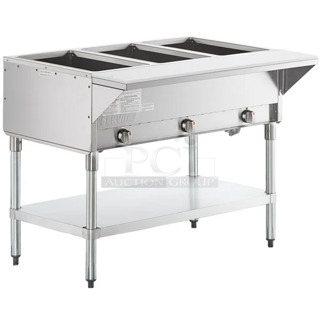 BRAND NEW SCRATCH AND DENT! ServIt 423GST3WELP Stainless Steel Three Pan Open Well Liquid Propane Steam Table with Undershelf - 10,500 BTU. 