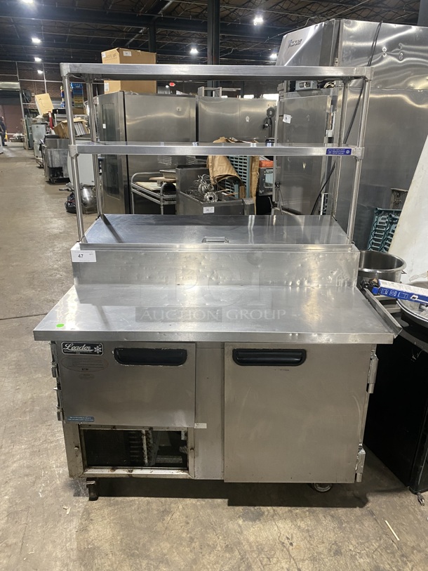 Leader All Stainless Steel Commercial Pizza Prep Table w/ 2 Tier Double Overhead Shelf!  On Commercial Casters! Working When Removed! - Item #1128002