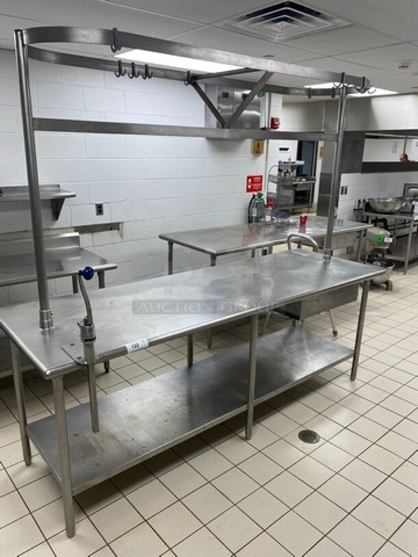 GREAT FIND! Solid Stainless Steel Work Top/ Prep Table! With Mounted Can Opener! With Mounted Pot Rack And Pot Rack Hooks! Single Drawer! With Storage Space Underneath! On Legs!