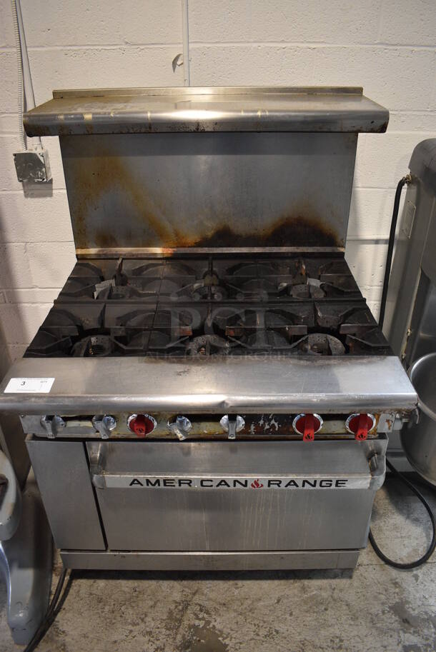 American Range Stainless Steel Commercial Natural Gas Powered 6 Burner Range w/ Oven, Over Shelf and Back Splash on Commercial Casters. 36x32.5x56.5