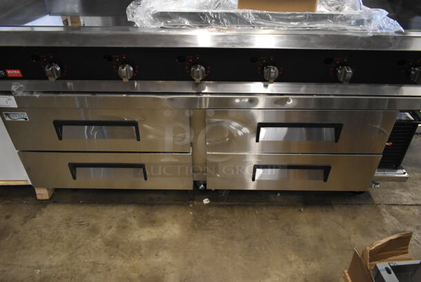 BRAND NEW SCRATCH AND DENT! 2023 Avantco 178CBE72HC Stainless Steel Commercial 72" 4 Drawer Refrigerated Chef Base on Commercial Casters. 115 Volts, 1 Phase. Cannot Test Due To Missing Power Switch