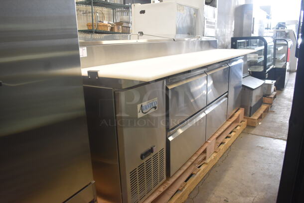 BRAND NEW SCRATCH AND DENT! Avantco SSPPT-3 93" 4 Drawer 1 Door Refrigerated Pizza Prep Table on Commercial Casters. 115 Volts 1 Phase. Tested and Working!