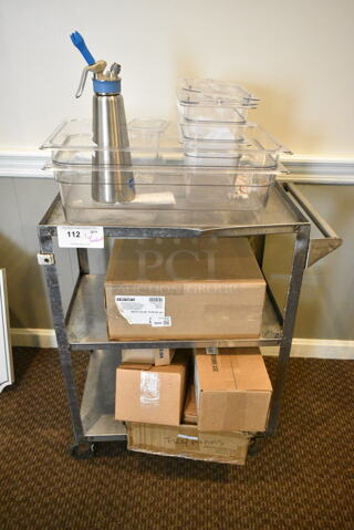 Metal 3 Tier Cart on Commercial Casters w/ Contents Including Poly Bins. (secondary dining room)