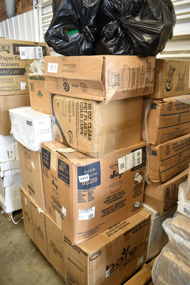 PALLET LOT of 25 BRAND NEW Boxes Including Choice Soup Containers, 3 Box Bare Solo Plastic Lids, LG8R Solo Lids, Dart 8SJ20 8 oz. Extra Squat White Customizable Foam Food Container - 1000/Case, 500CC10 Choice 10 oz. Clear PET Plastic Cold Cup - 1000/Case, 500LFLAT Choice Clear Flat Lid with Straw Slot - 9, 12, 16, 20, and 24 oz. - 1000/Case, 128HD32BULK ChoiceHD 32 oz. Microwavable Translucent Plastic Deli Container - 480/Case, 245CCGR8BL Baker's Lane 8" White Corrugated Grease-Resistant Cake Circle - 100/Case, 4558011390 24 oz. Transparent Assorted Jewel Color Heavy-Duty 1/2 Yarder with Lid and Straw - 33/Case, 2 Box 346BKTSNM Choice Medium Weight Black Wrapped Plastic Cutlery Set with Napkin - 250/Case, 612FHL1230 Foil Steam Table Pan Lid - Half Size, 395TO961 EcoChoice 9" x 6" x 3" Compostable Sugarcane / Bagasse 1 Compartment Take-Out Container - 200/Case, 2650811022K Cres Cor 0811 022 K Heater Kit, Moffat M000033 NEMA 6-50P Power Cord for USE32T5 and E32D5-2 Series, Kraft Food Trays. 25 Times Your Bid!
