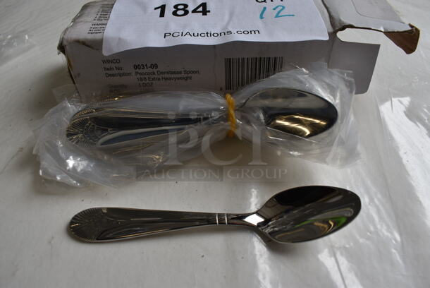 12 BRAND NEW IN BOX! Winco 0031-09 Stainless Steel Peacock Demitasse Spoons. 4.5". 12 Times Your Bid!