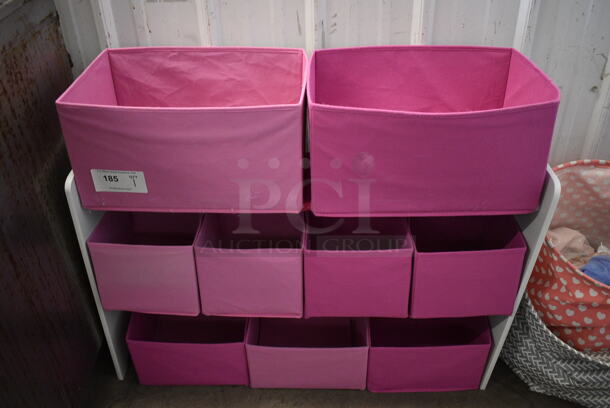 White 2 Tier Shelving Unit w/ 9 Pink Cubby Baskets. 36x12x24