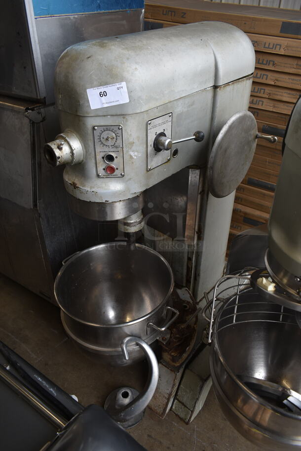 Hobart L 800 Metal Commercial Floor Style 80 Quart Planetary Dough Mixer w/ Stainless Steel Mixing Bowl and Dough Hook Attachment. 208 Volts, 3 Phase. 