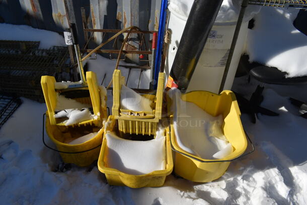 3 Yellow Poly Mop Buckets w/ 2 Wringing Attachments. 3 Times Your Bid!
