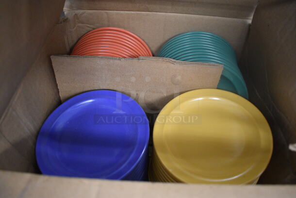 ALL ONE MONEY! Lot of 48 BRAND NEW IN BOX! Various Colored Poly Plates; 12 Blue, 12 Yellow, 12 Orange and 12 Green. 5.5". 