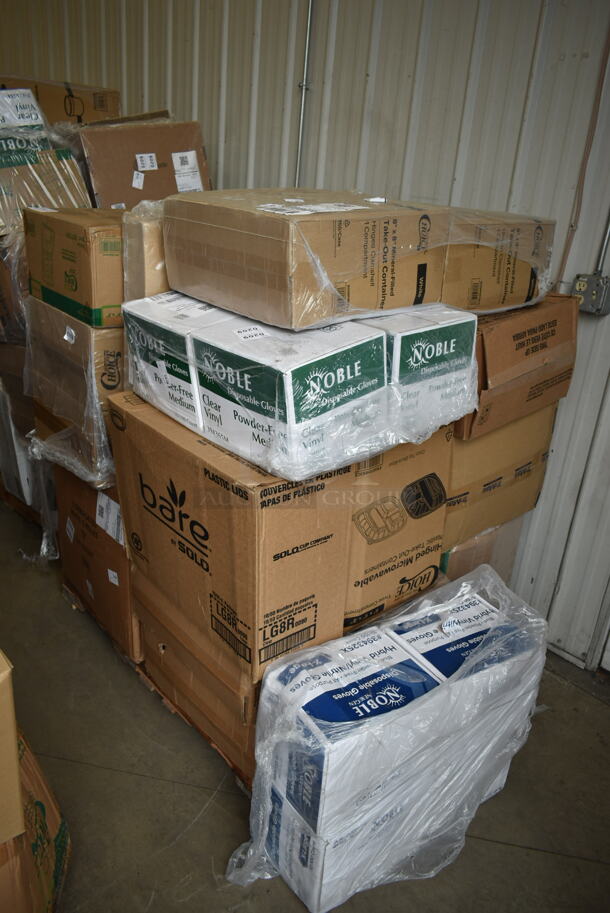 PALLET LOT of 29 BRAND NEW Boxes Including 4 Boxes 394325XL Noble NexGen Powder-Free Disposable Blue Hybrid 3 Mil Thick Gloves - Extra Large - 1000/Case, 2 Box 500MF883W1C Choice 8" x 8" 1-Compartment Microwaveable White Mineral-Filled Plastic Hinged Take-Out Container - 150/Case, LG8R Solo Cup, 500TO993C3 Choice 9" x 9" x 3" Microwaveable 3-Compartment Black / Clear Plastic Hinged Container - 100/Case, 4 Box 129MCR32B Choice 32 oz. Black Round Microwavable Heavy Weight Container with Lid 7 1/4" - 150/Case, 395TO991 EcoChoice 9" x 9" x 3" Compostable Sugarcane / Bagasse 1 Compartment Take-Out Box - 200/Case, 2 Box 5013858 Lavex Li'l Herc 55-60 Gallon 1.2 Mil 38" x 58" Low Density Medium-Duty Black Trash Bag / Can Liner - 100/Case, 245CPB10 Choice 10" x 10" x 2" Kraft Corrugated Pizza Box - 50/Case, 12" Corrugated White Circles, 50020CAFE Choice 20 oz. Café Print Poly Paper Hot Cup - 600/Case. 29 Times Your Bid! 