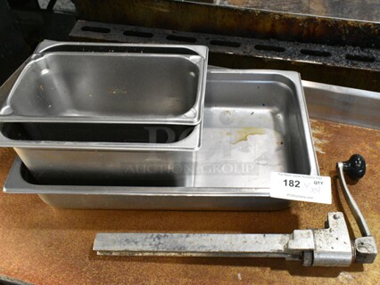 4 Various Items Including Metal Commercial Can Opener and 3 Stainless Steel Drop In Bins. 4 Times Your Bid!