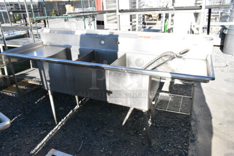 Stainless Steel Commercial 3 Bay Sink w/ Dual Drain Boards. Bays 16x21x14. Drain Board 16x22