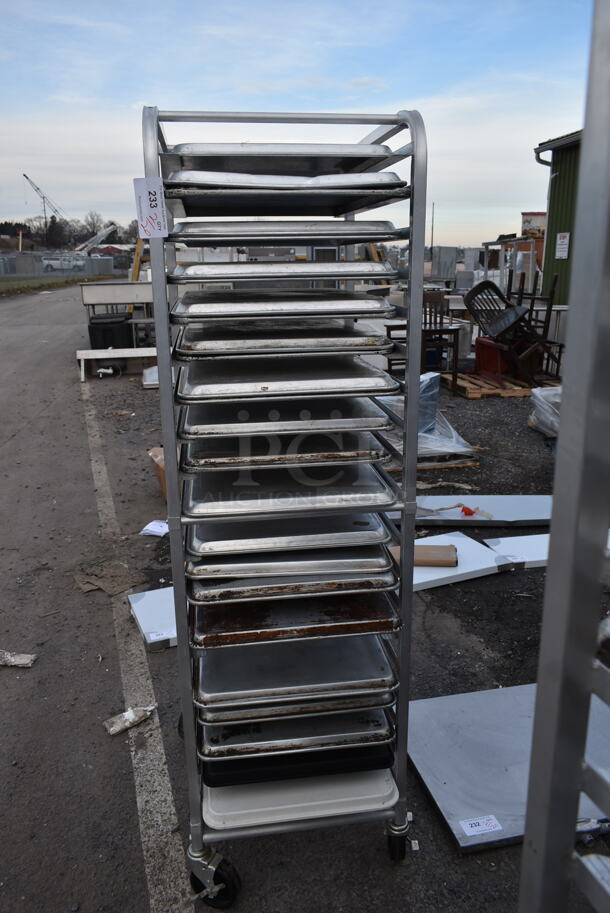 Metal Commercial Pan Transport Rack w/ 18 Metal Baking Pans on Commercial Casters. 