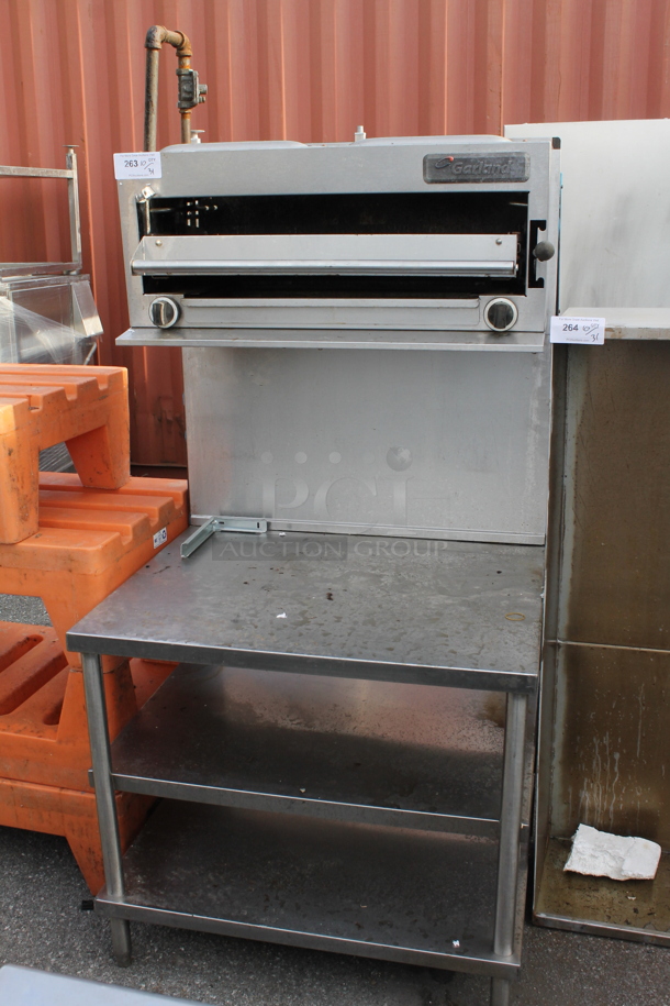 Garland Stainless Steel Commercial Table w/ Natural Gas Powered Salamander Cheese Melter and 2 Under Shelves.