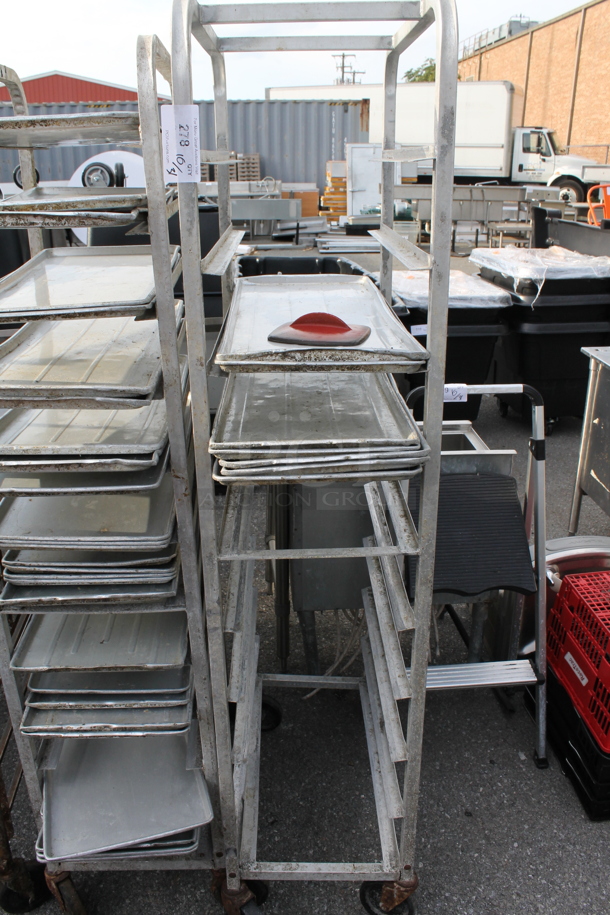 Metal Commercial Pan Transport Rack w/ 7 Metal Pans on Commercial Casters.