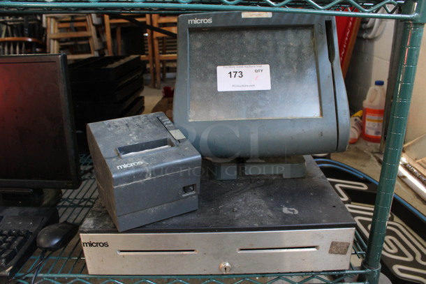 Micros 12" POS Monitor, Epson Model M129H Receipt Printer and Metal Cash Drawer. 