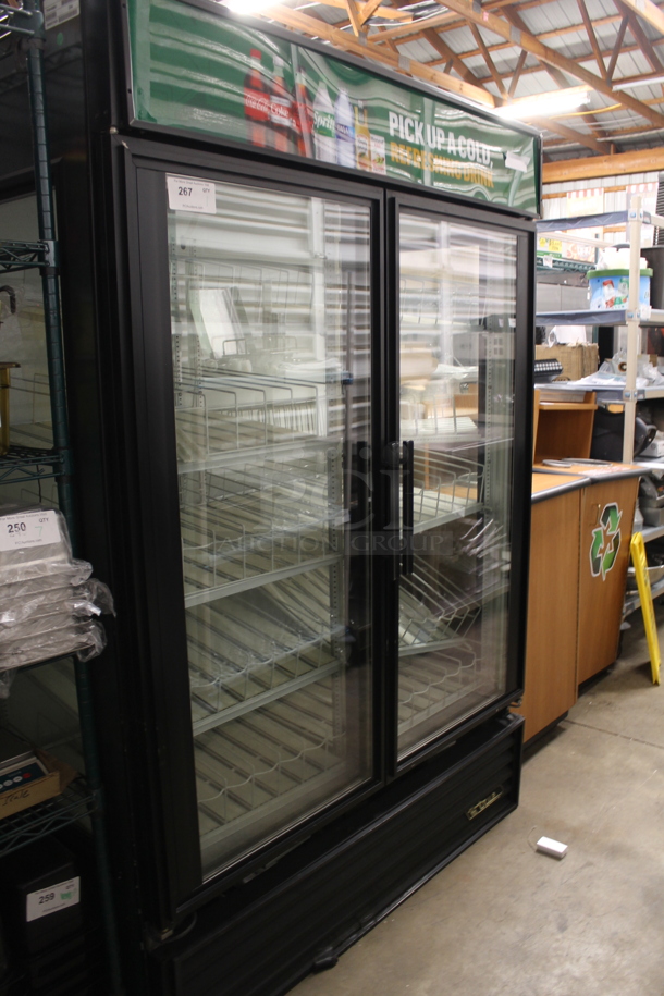 True GEM-49 Metal Commercial 2 Door Reach In Cooler Merchandiser w/ Poly Coated Racks and Drink Sliders. 115 Volts, 1 Phase. Tested and Working!