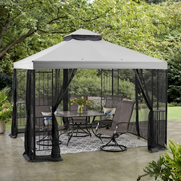 BEAUTIFUL! Mainstays 10ft x 10ft Wide Easy Assembly Outdoor Furniture Patio Gazebo. Includes: Fade-resistant fabric, Mosquito netting, Heavy-duty powder-coated steel frame, Spiral ground stakes, Deck-mount optional
120" X 120" X 111.8"