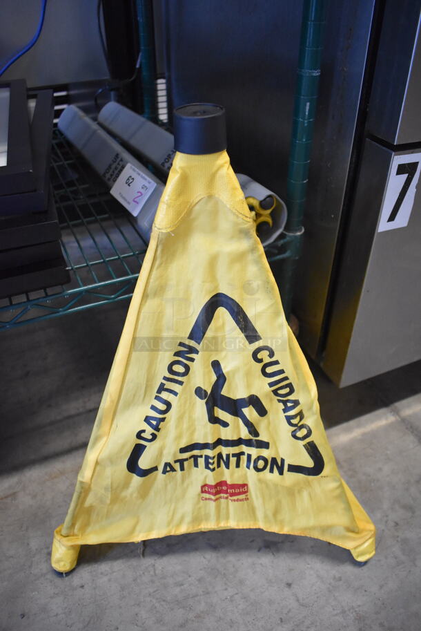 2 Rubbermaid Yellow Pop Up Caution Wet Floor Sign in Gray Holder. 24". 2 Times Your Bid!